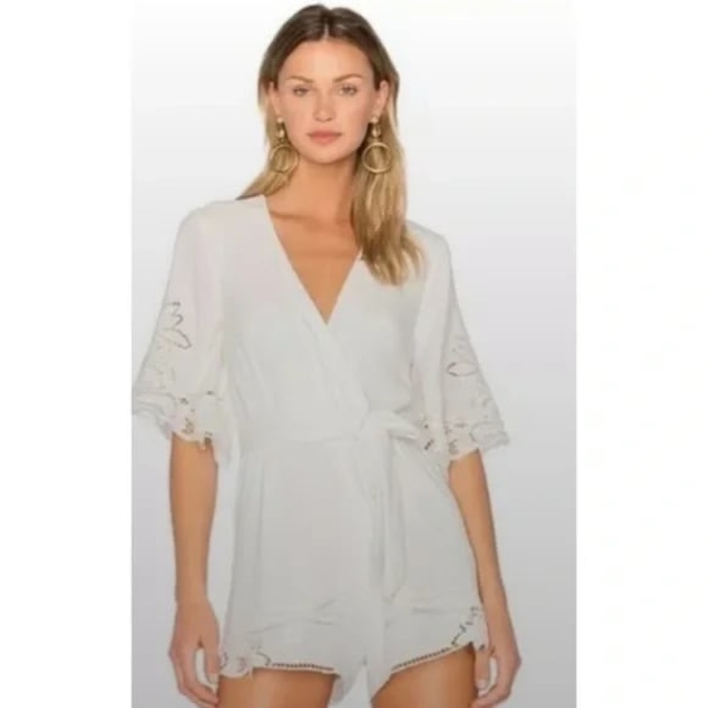 Lovers & Friends White Lace Romper Size XS Belt Cut-Out Design Elastic Waist